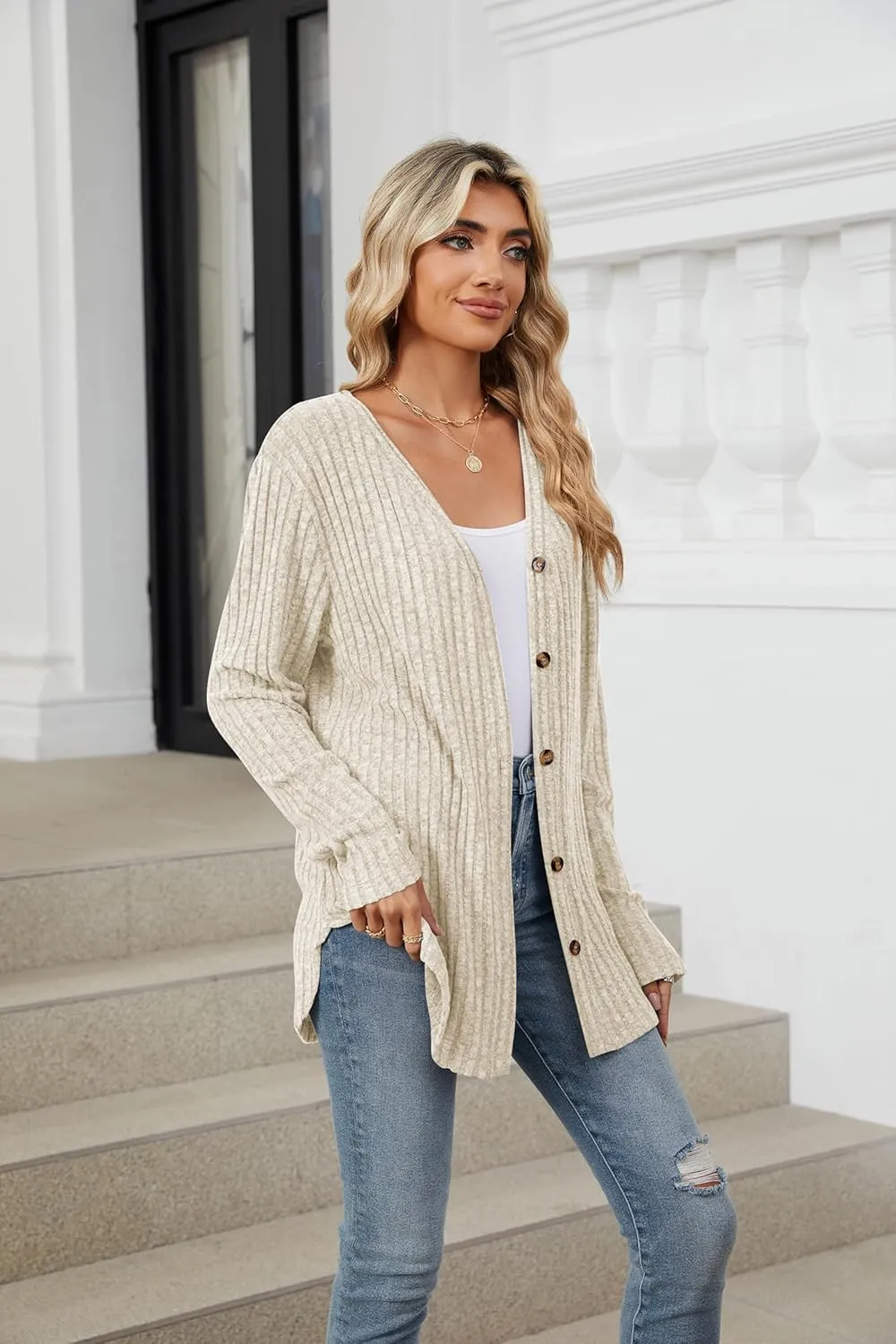 Women's Long Sleeve Knit Sweater Open Front Cardigan Button Loose Outerwear Tie Front Knot Tops