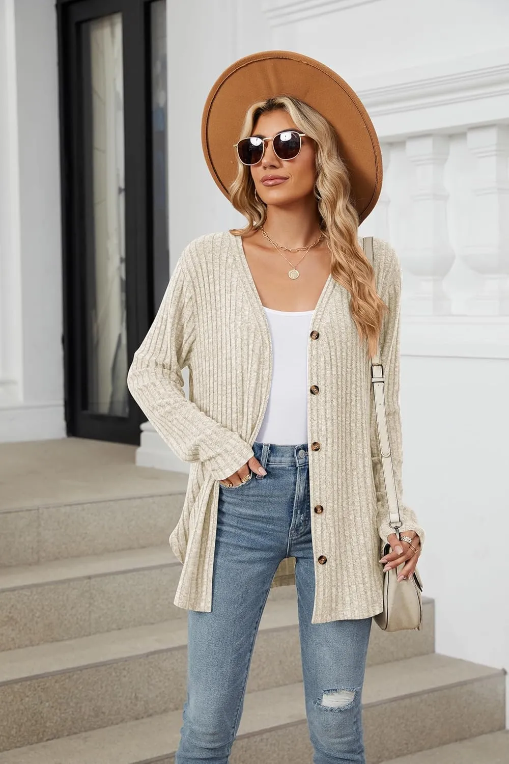 Women's Long Sleeve Knit Sweater Open Front Cardigan Button Loose Outerwear Tie Front Knot Tops
