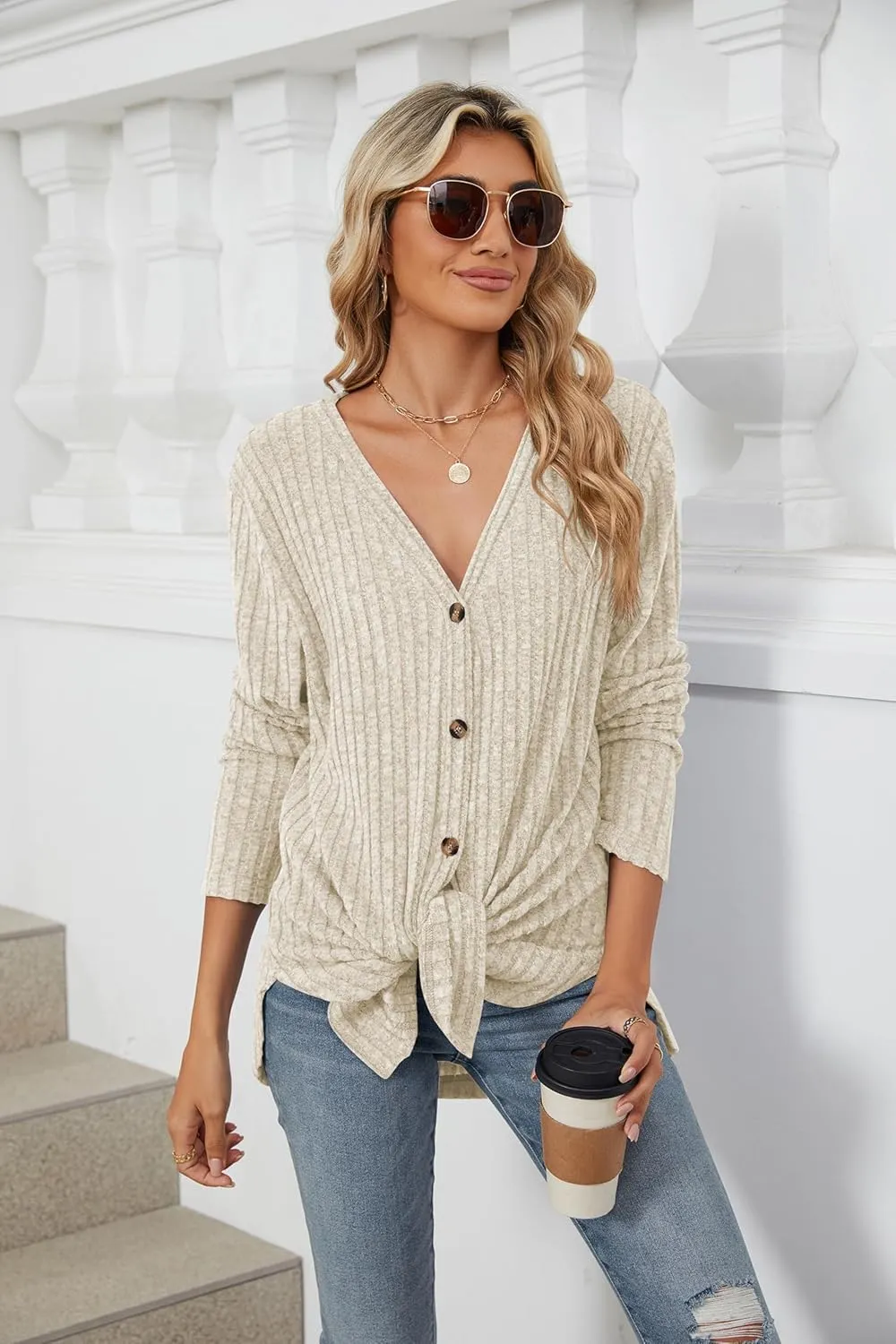 Women's Long Sleeve Knit Sweater Open Front Cardigan Button Loose Outerwear Tie Front Knot Tops