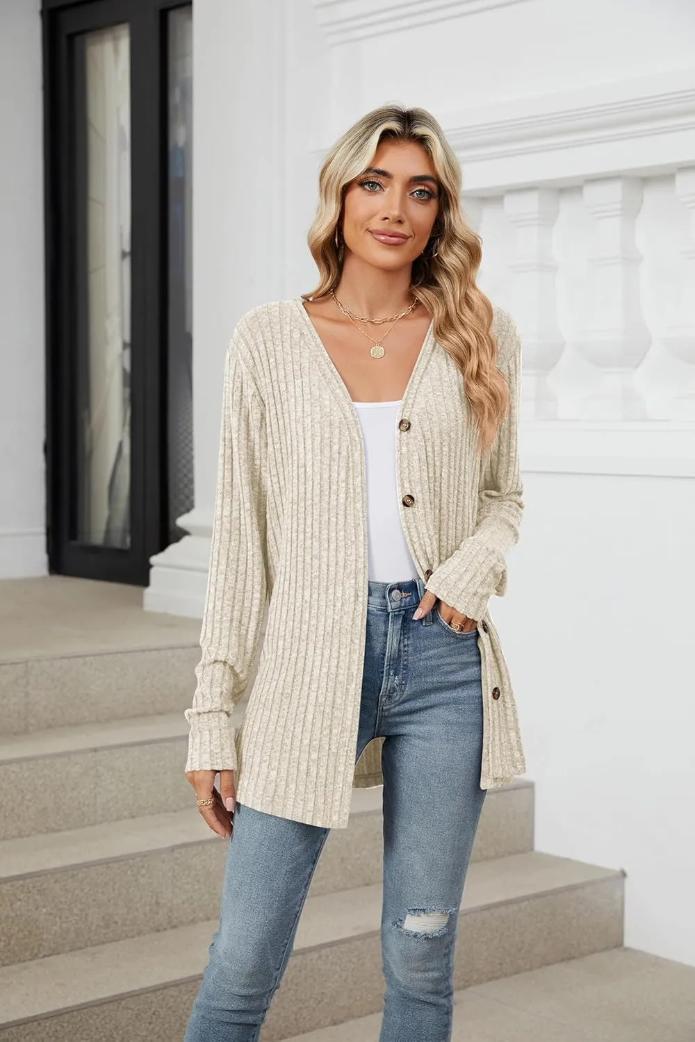 Women's Long Sleeve Knit Sweater Open Front Cardigan Button Loose Outerwear Tie Front Knot Tops