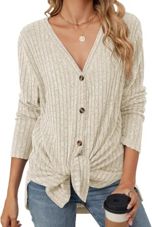 Women's Long Sleeve Knit Sweater Open Front Cardigan Button Loose Outerwear Tie Front Knot Tops