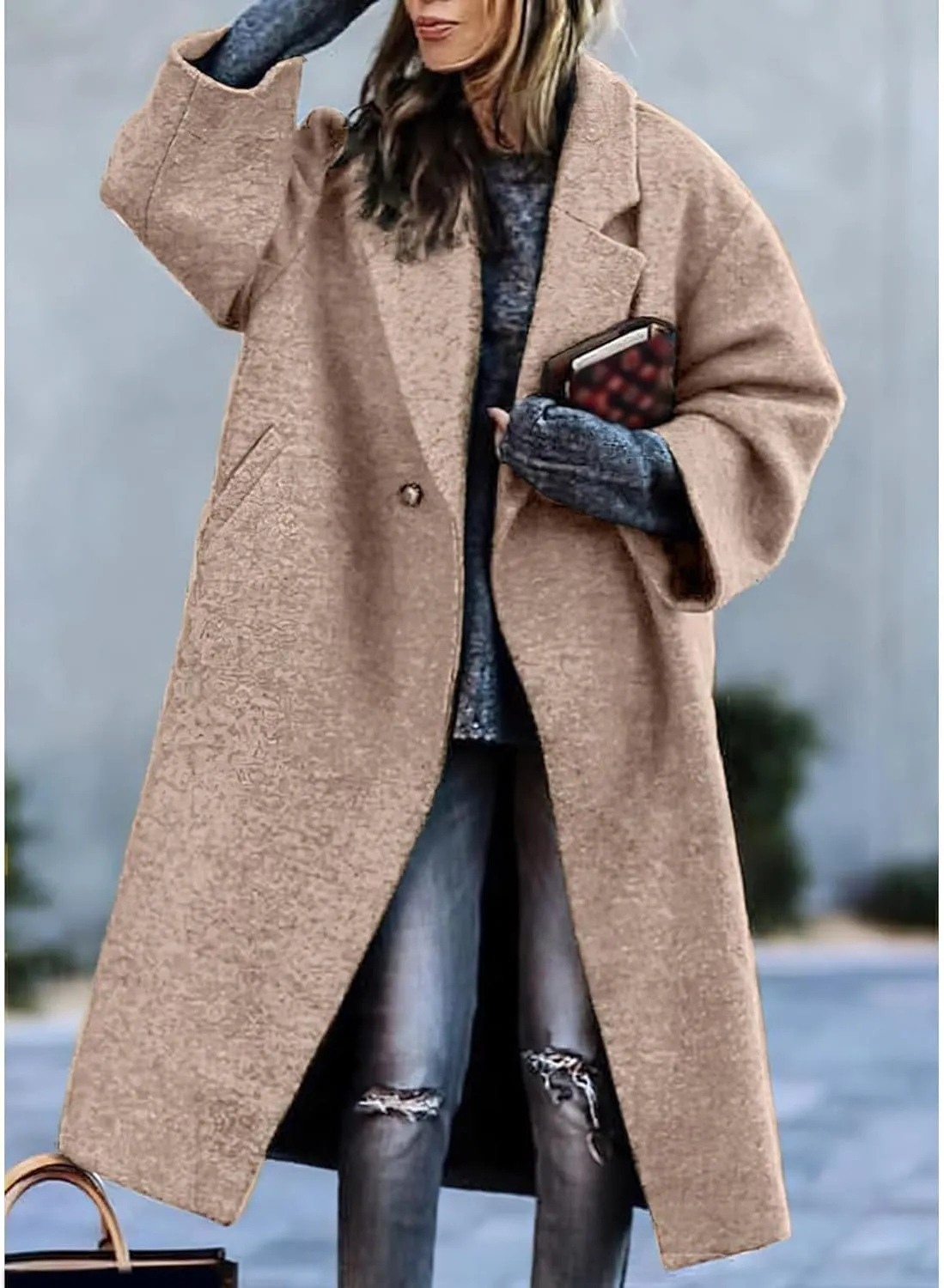 Women's Midi Long Wool Coat Winter Double Breasted Notch Lapel Jacket Classic Dressy Casual Winter Trench Coat