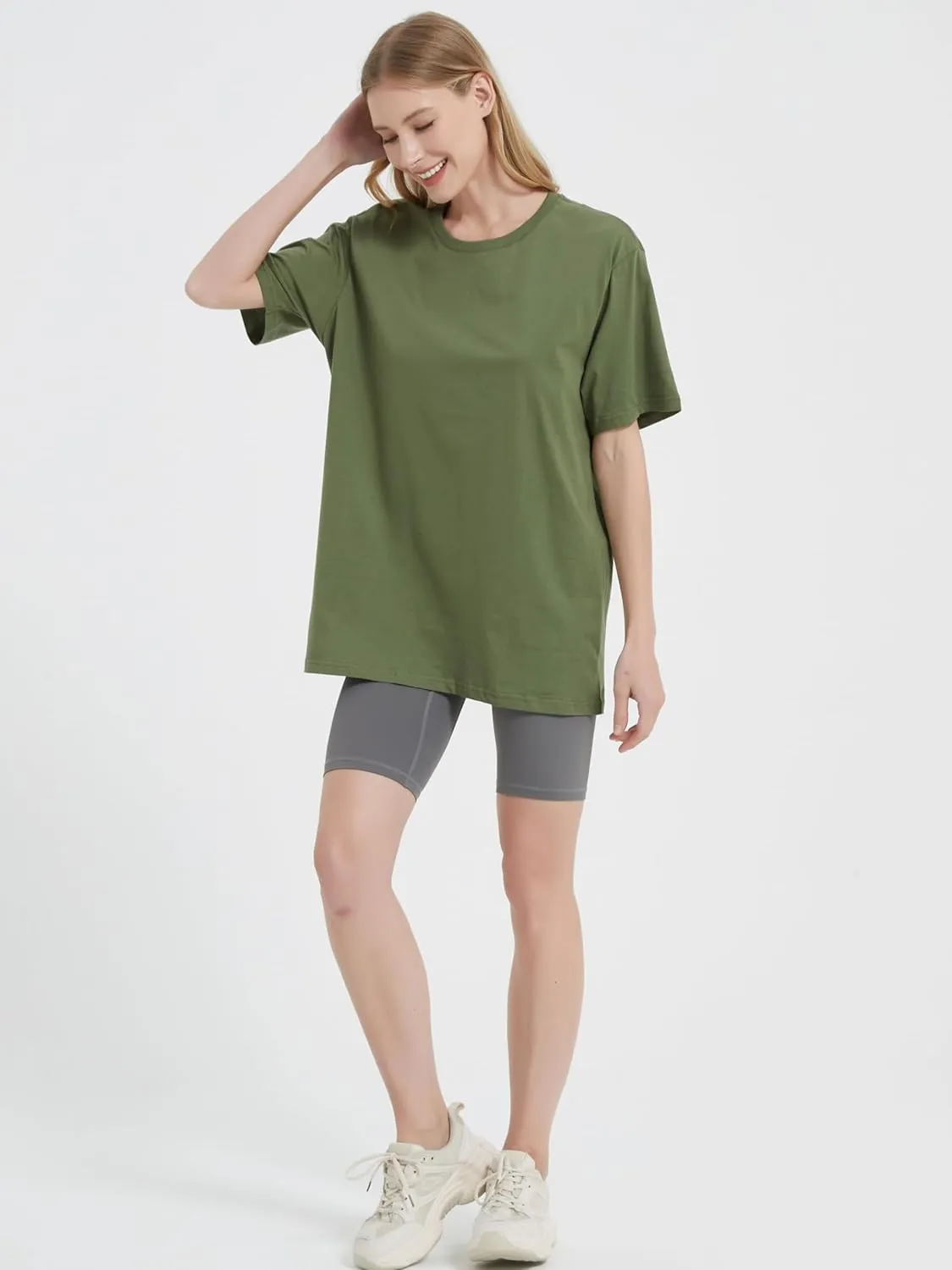 Womens Oversized Boyfriend Tee Shirts Short Sleeve Trendy Crew Neck Loose Workout Tee Casual Summer Tops Cotton