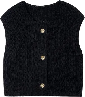 Women's Oversized Cute Cap Sleeve Sweater Vest Fall 2024 Lightweight Crochet Waffle Chunky Knit Button Cardigan Top