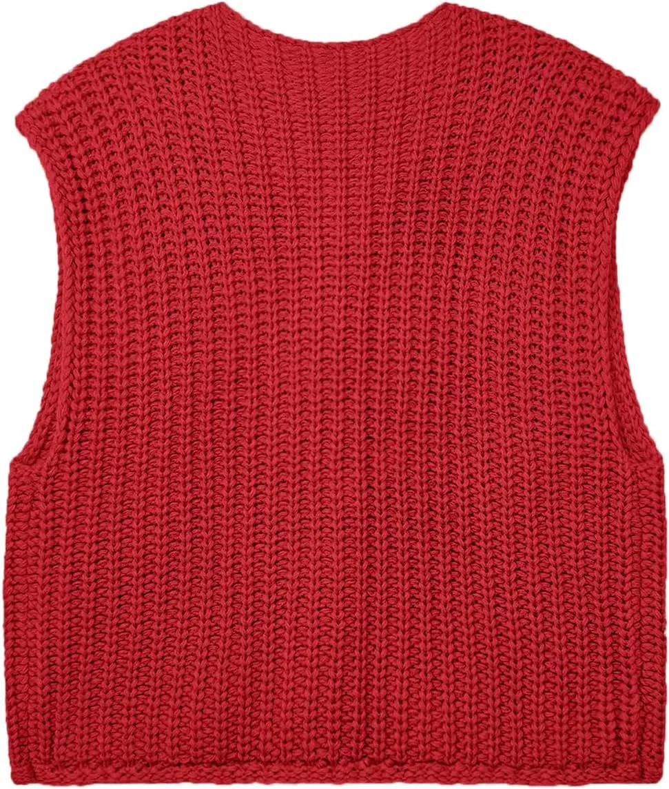 Women's Oversized Cute Cap Sleeve Sweater Vest Fall 2024 Lightweight Crochet Waffle Chunky Knit Button Cardigan Top