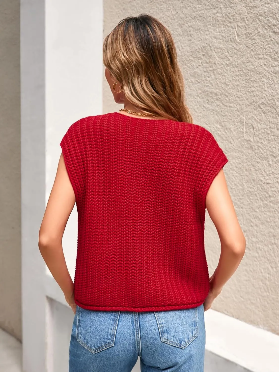 Women's Oversized Cute Cap Sleeve Sweater Vest Fall 2024 Lightweight Crochet Waffle Chunky Knit Button Cardigan Top