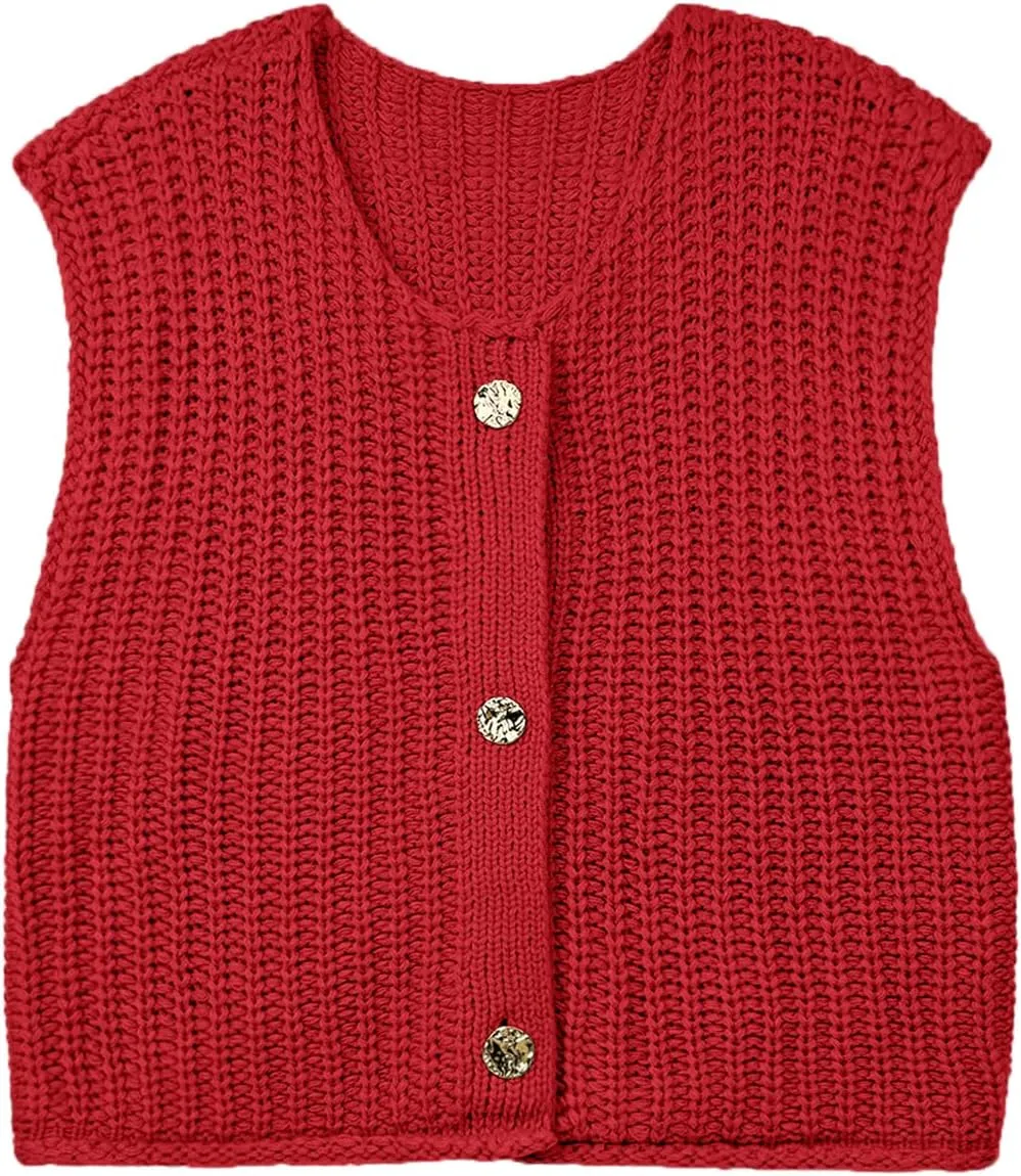 Women's Oversized Cute Cap Sleeve Sweater Vest Fall 2024 Lightweight Crochet Waffle Chunky Knit Button Cardigan Top