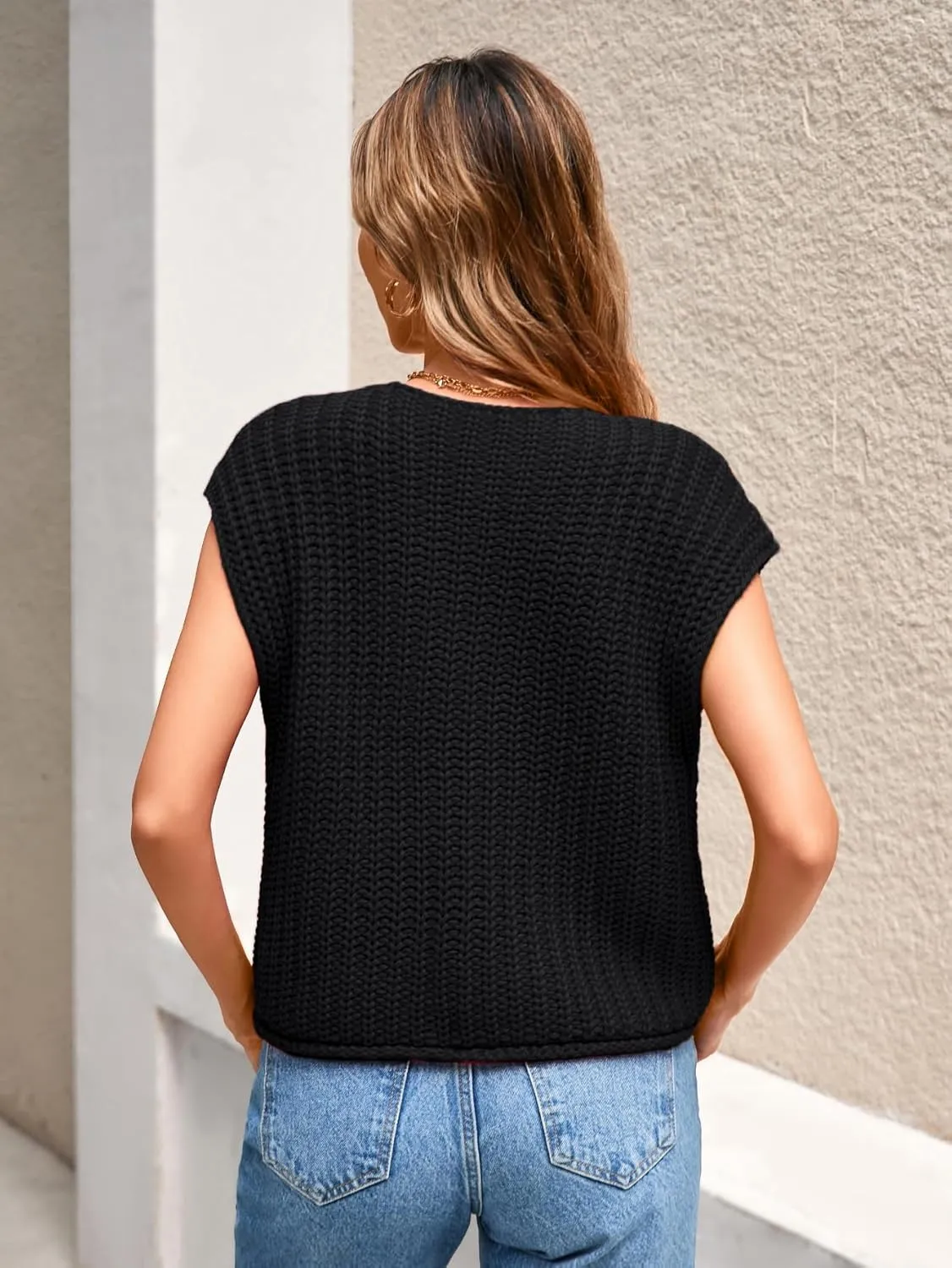 Women's Oversized Cute Cap Sleeve Sweater Vest Fall 2024 Lightweight Crochet Waffle Chunky Knit Button Cardigan Top