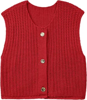 Women's Oversized Cute Cap Sleeve Sweater Vest Fall 2024 Lightweight Crochet Waffle Chunky Knit Button Cardigan Top