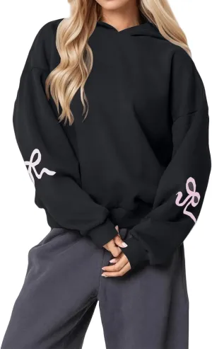 Womens Oversized Hoodies Bow Graphic Print Sweatshirts Casual Long Sleeve Shirts Pullover Hooded Jacket with Pockets