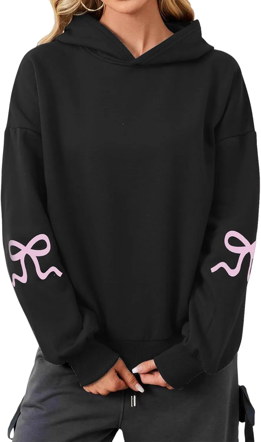 Womens Oversized Hoodies Bow Graphic Print Sweatshirts Casual Long Sleeve Shirts Pullover Hooded Jacket with Pockets