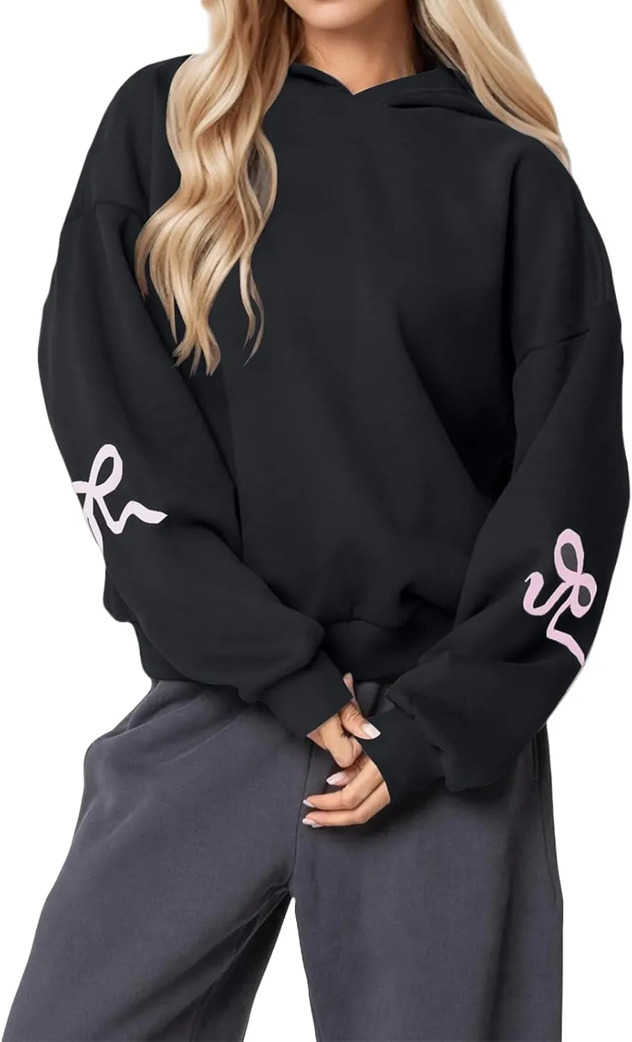 Womens Oversized Hoodies Bow Graphic Print Sweatshirts Casual Long Sleeve Shirts Pullover Hooded Jacket with Pockets
