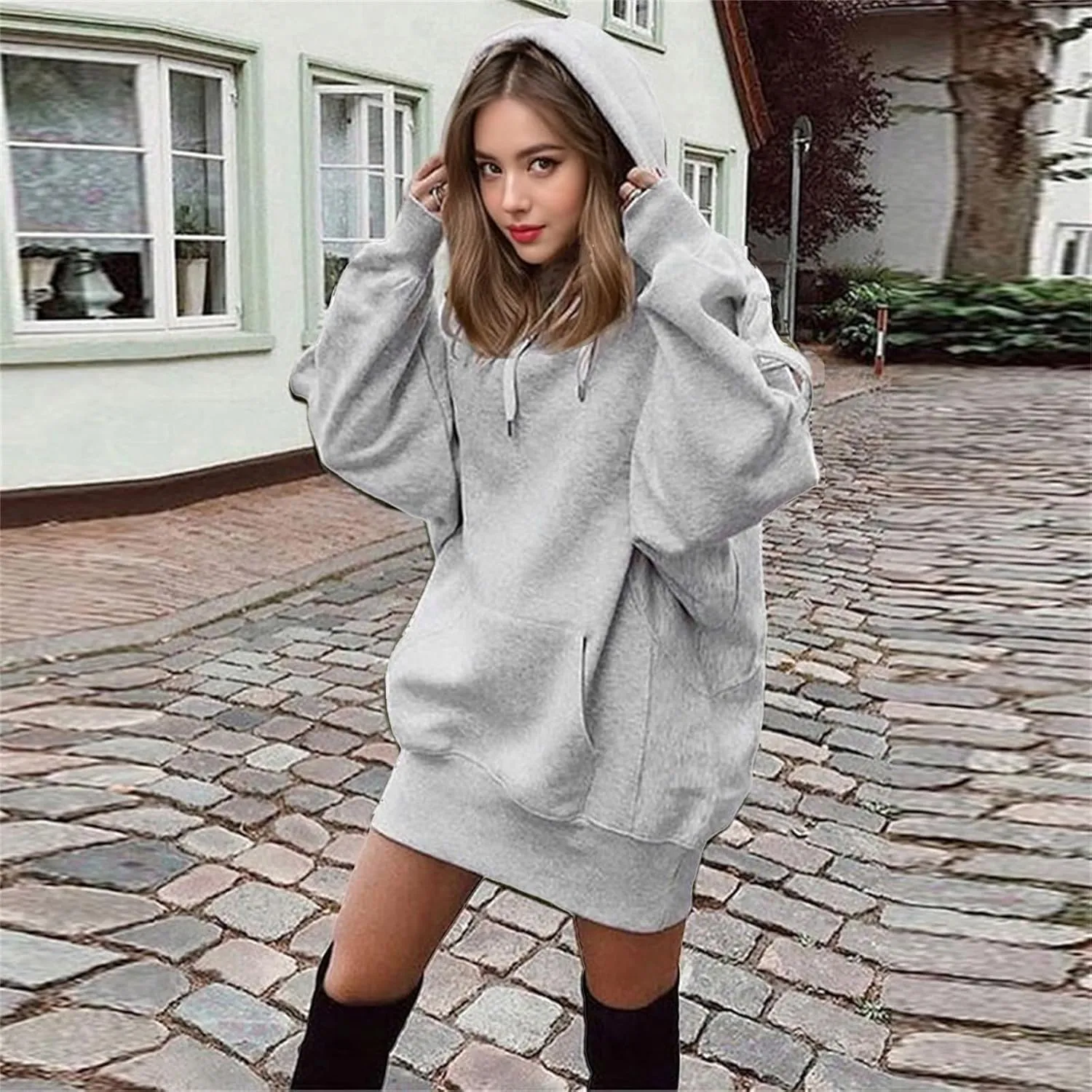 Womens Oversized Hoodies Dress 2024 Fall Casual Loose Long Sleeve Sweatshirt Trendy Hooded Pullover Tops Y2K Clothes