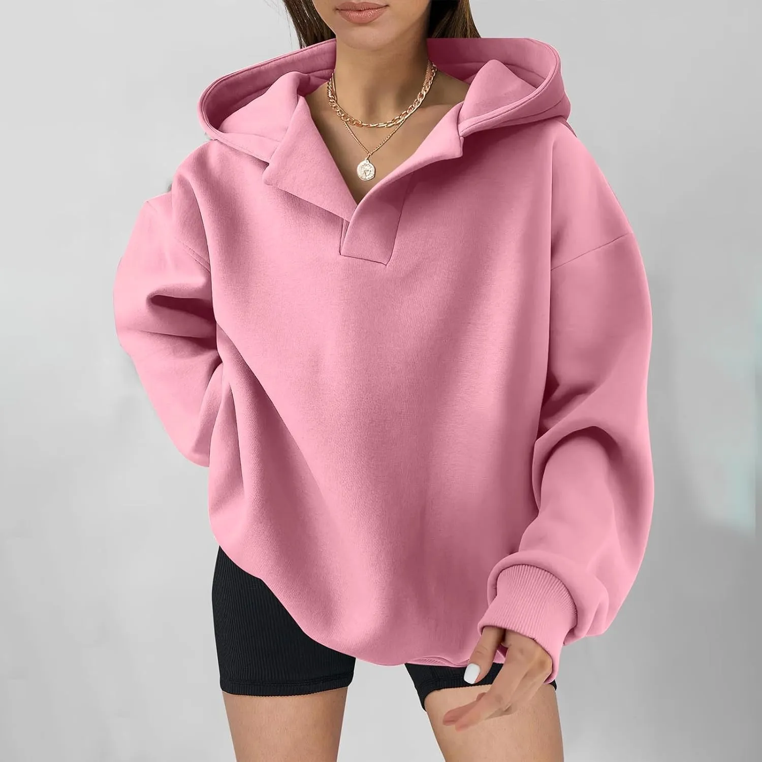 Womens Oversized Hoodies Fleece Long Sleeve Sweatshirts Lapel V Neck Casual Sweaters Pullover Fall Fashion Outfits 2024