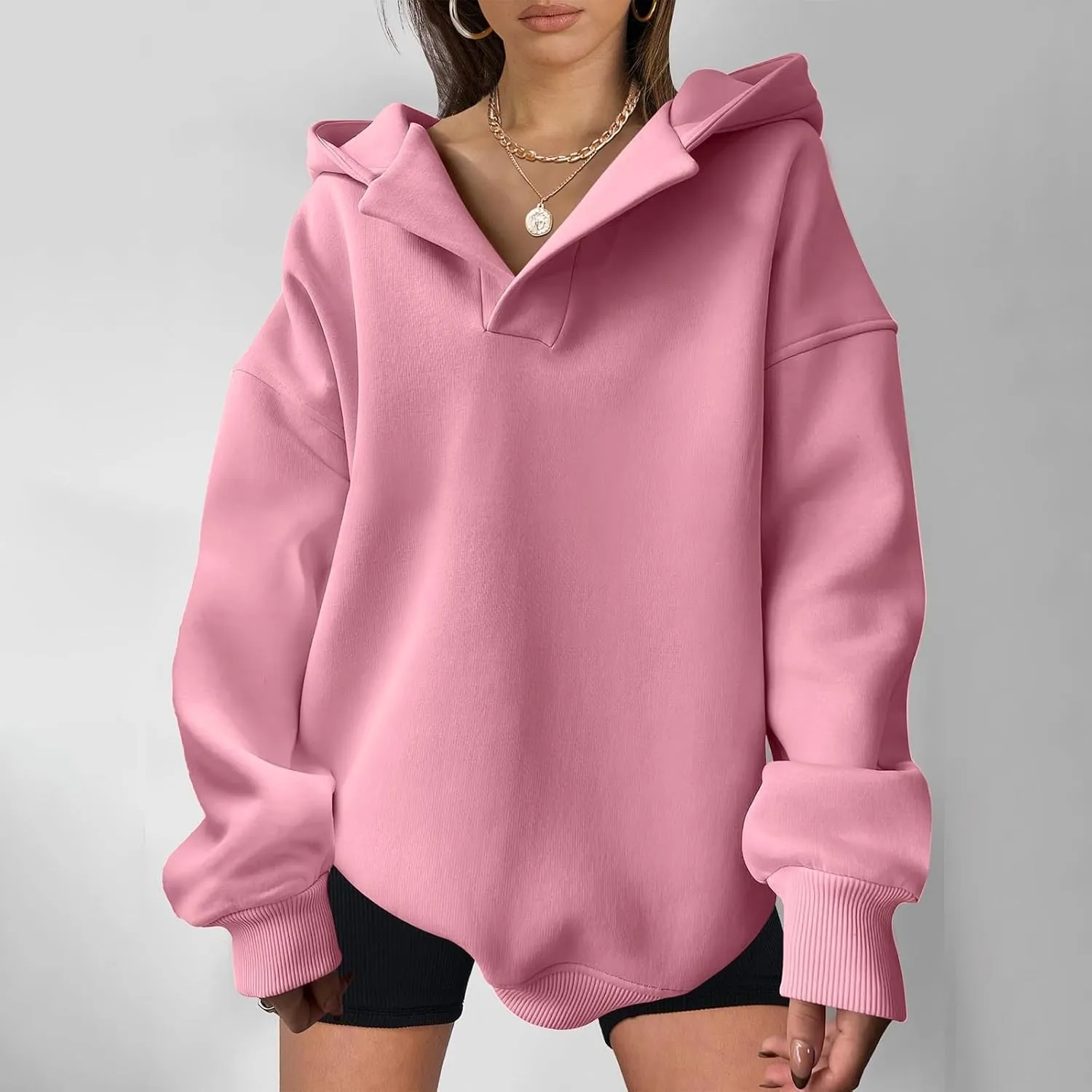 Womens Oversized Hoodies Fleece Long Sleeve Sweatshirts Lapel V Neck Casual Sweaters Pullover Fall Fashion Outfits 2024