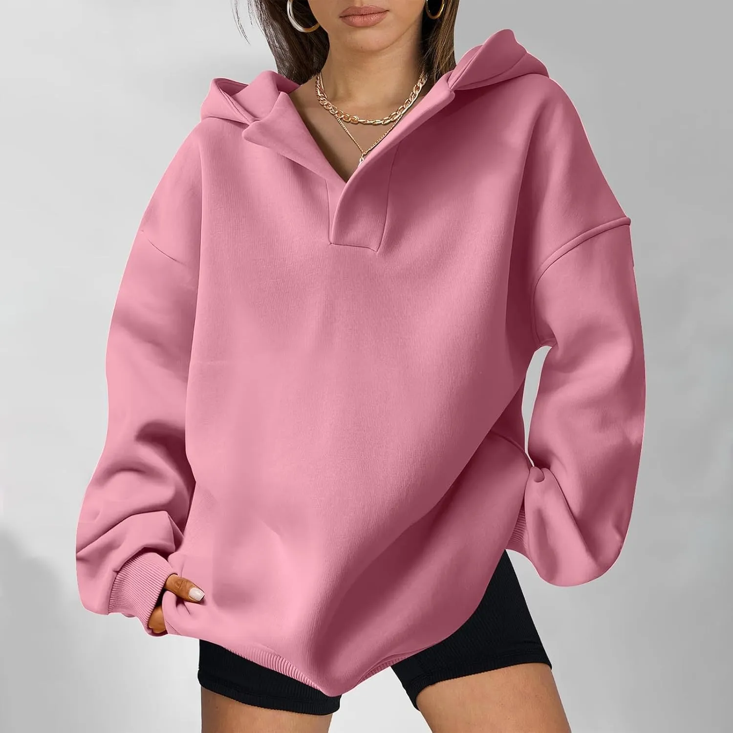 Womens Oversized Hoodies Fleece Long Sleeve Sweatshirts Lapel V Neck Casual Sweaters Pullover Fall Fashion Outfits 2024