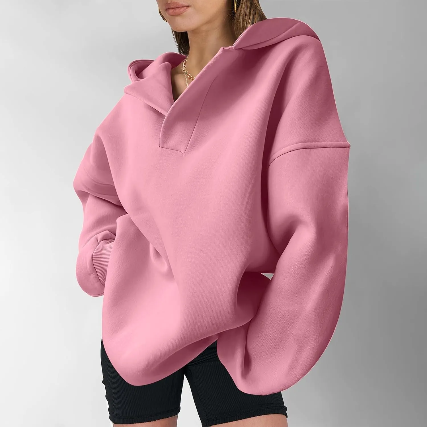 Womens Oversized Hoodies Fleece Long Sleeve Sweatshirts Lapel V Neck Casual Sweaters Pullover Fall Fashion Outfits 2024