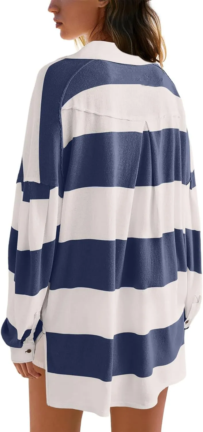 Women's Oversized Sweatshirt Button Striped Graphic Print Pullover Tops Casual Comfy Fashion Sweatshirts