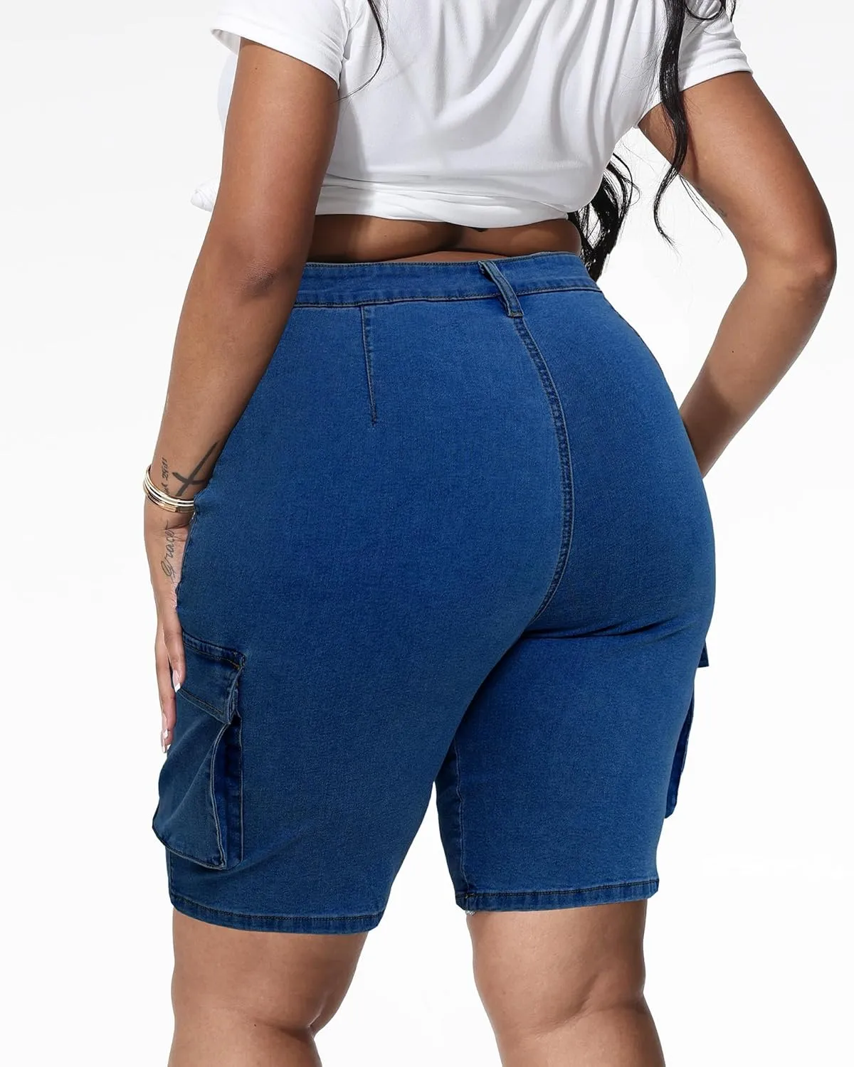 Womens Plus Size Jean Shorts Stretchy Cargo Bermuda Shorts High Waisted Y2k Denim Shorts
