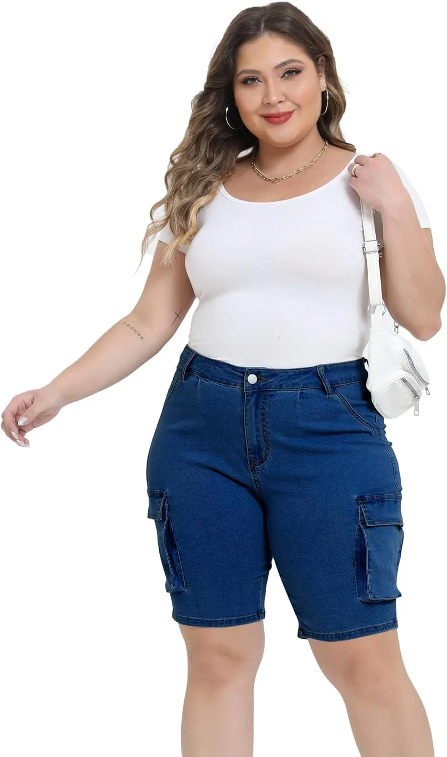 Womens Plus Size Jean Shorts Stretchy Cargo Bermuda Shorts High Waisted Y2k Denim Shorts