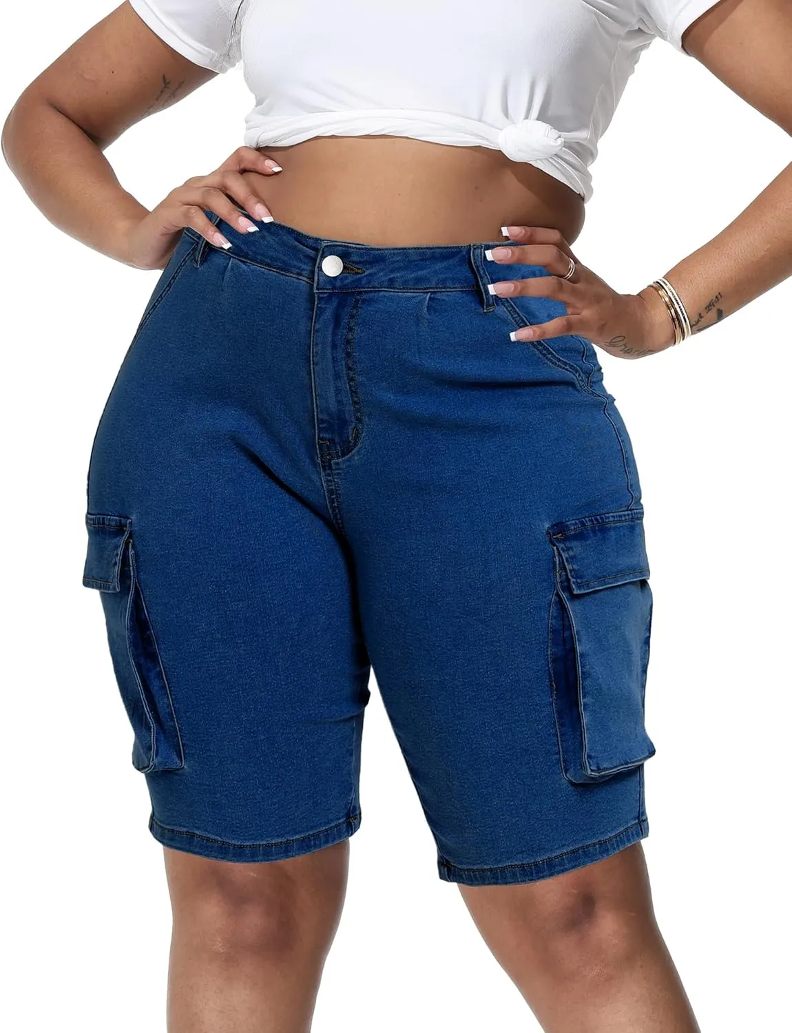 Womens Plus Size Jean Shorts Stretchy Cargo Bermuda Shorts High Waisted Y2k Denim Shorts