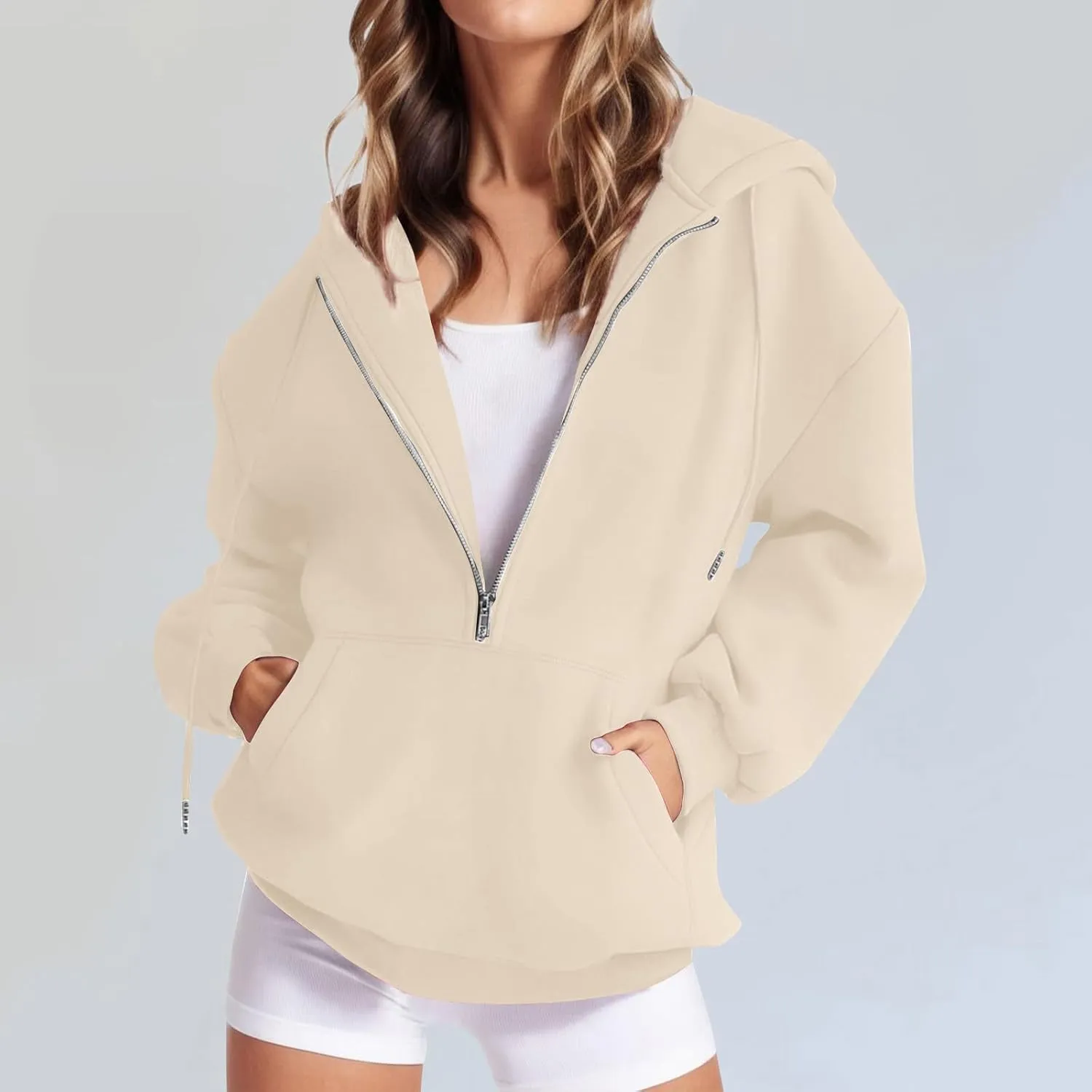 Womens Quarter Zip Pullover Long Sleeve Half Zip Hoodies Fleece Oversized Sweatshirt Fall Sweatshirts with Pockets