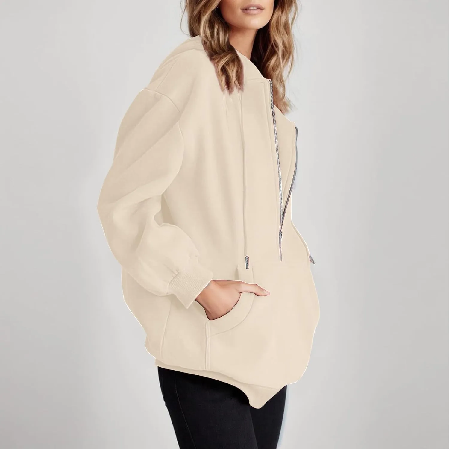 Womens Quarter Zip Pullover Long Sleeve Half Zip Hoodies Fleece Oversized Sweatshirt Fall Sweatshirts with Pockets