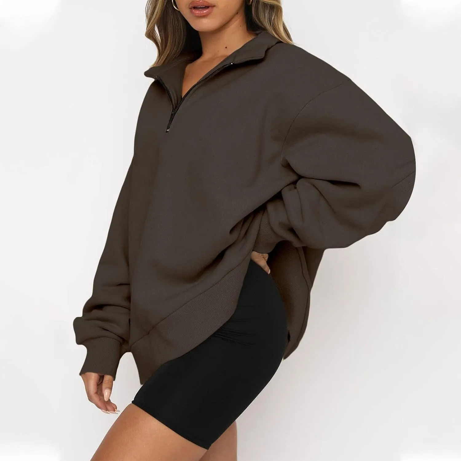 Womens Quarter Zip Pullover Loose Collared Oversized Sweatshirt Preppy Long Sleeve Fleece Hoodie Sweater for Teen Girl