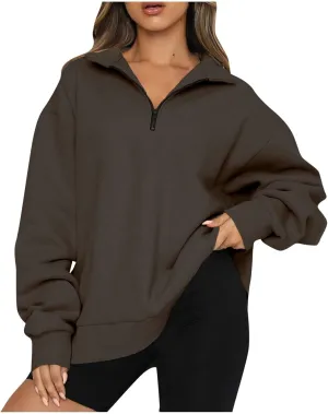 Womens Quarter Zip Pullover Loose Collared Oversized Sweatshirt Preppy Long Sleeve Fleece Hoodie Sweater for Teen Girl