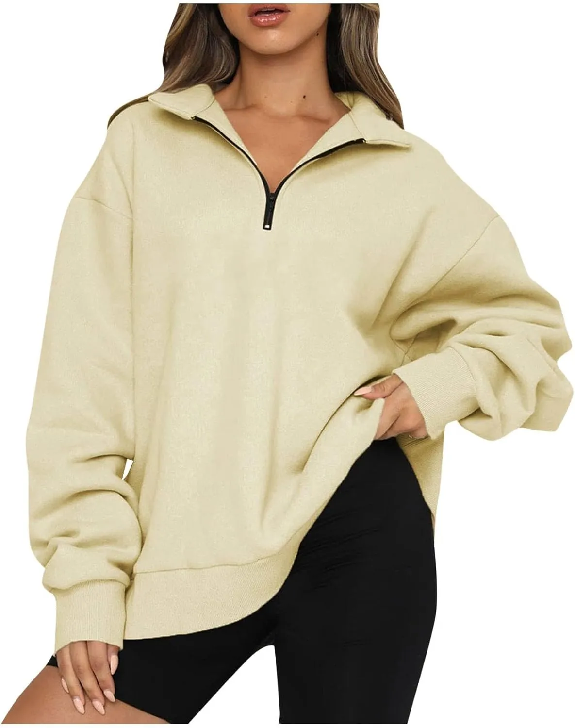 Womens Quarter Zip Trendy Sweatshirts Plain Oversized Long Sleeve Loose Fit Casual Pullover Tops Fall Y2K Clothes
