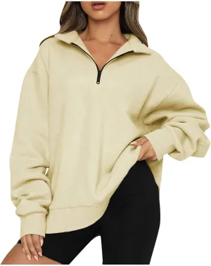 Womens Quarter Zip Trendy Sweatshirts Plain Oversized Long Sleeve Loose Fit Casual Pullover Tops Fall Y2K Clothes