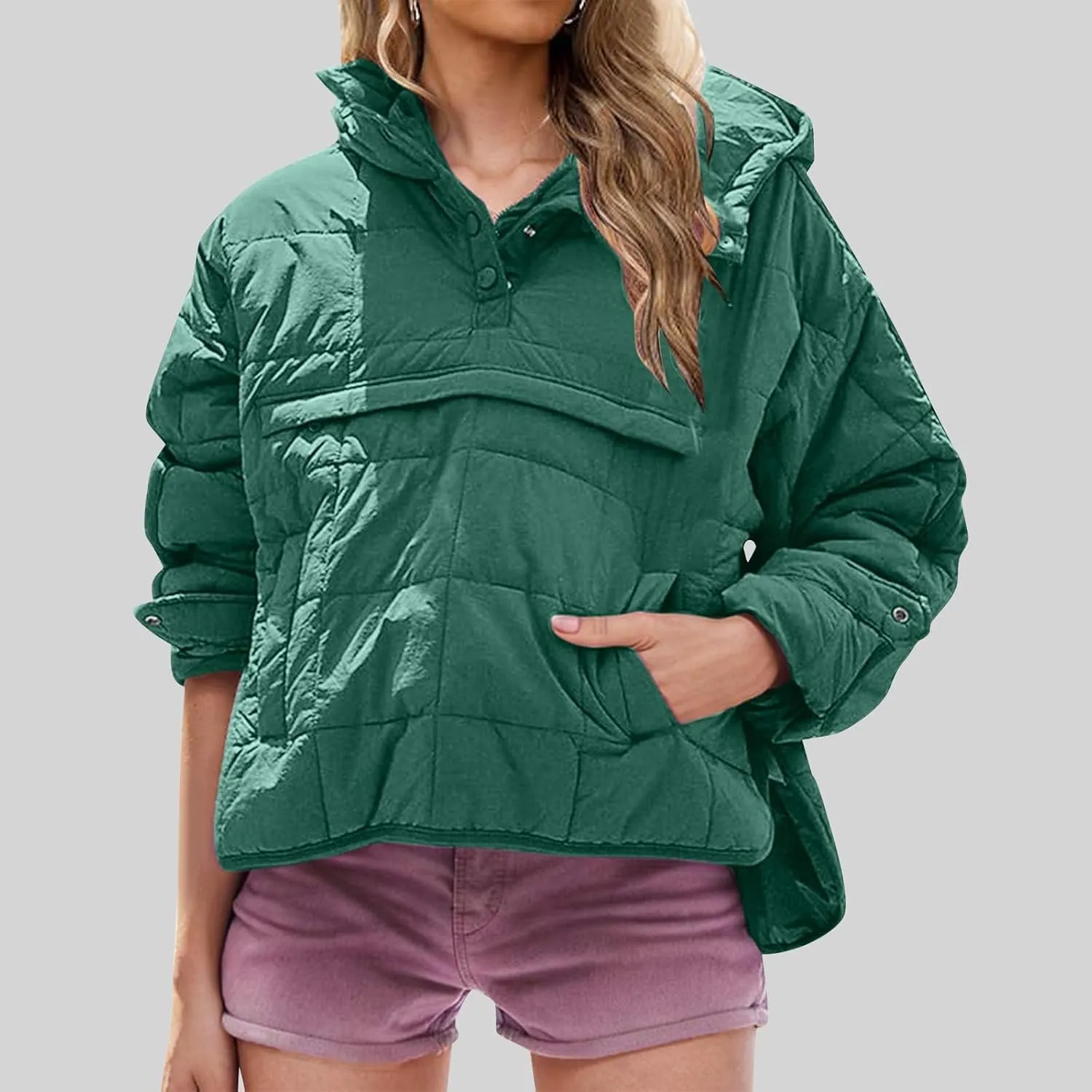 Women's Quilted Warm Puffer Jacket Winter Packable Pullover Down Coat Oversized Hoodie Lightweight Long Sleeve Outwear