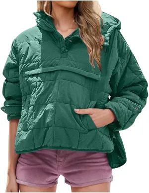 Women's Quilted Warm Puffer Jacket Winter Packable Pullover Down Coat Oversized Hoodie Lightweight Long Sleeve Outwear