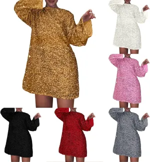 Womens Sequin Warmy Oversized Crewneck Sweatshirts Dress Sparkly Glitter Pullover Long Sleeve Outfits with Bow Ribbon