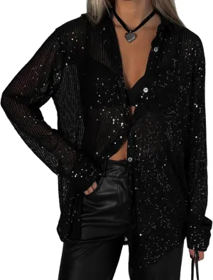 Womens Sequins Long Sleeve Collared Shirt Button Down Open Front Shirt Loose Blouses Shirts Tops