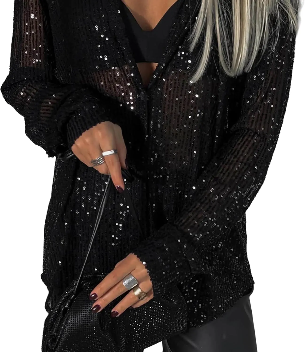 Womens Sequins Long Sleeve Collared Shirt Button Down Open Front Shirt Loose Blouses Shirts Tops