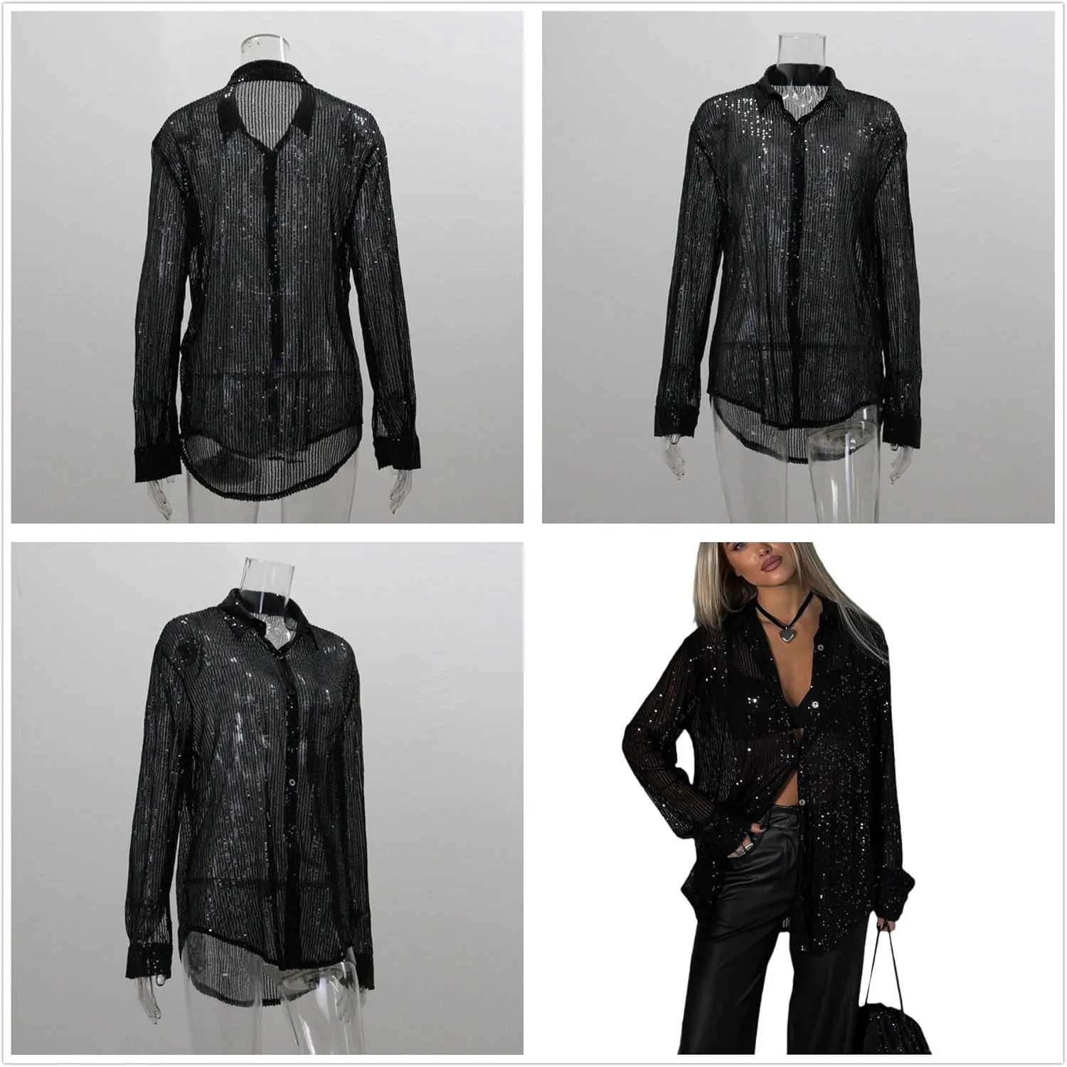 Womens Sequins Long Sleeve Collared Shirt Button Down Open Front Shirt Loose Blouses Shirts Tops