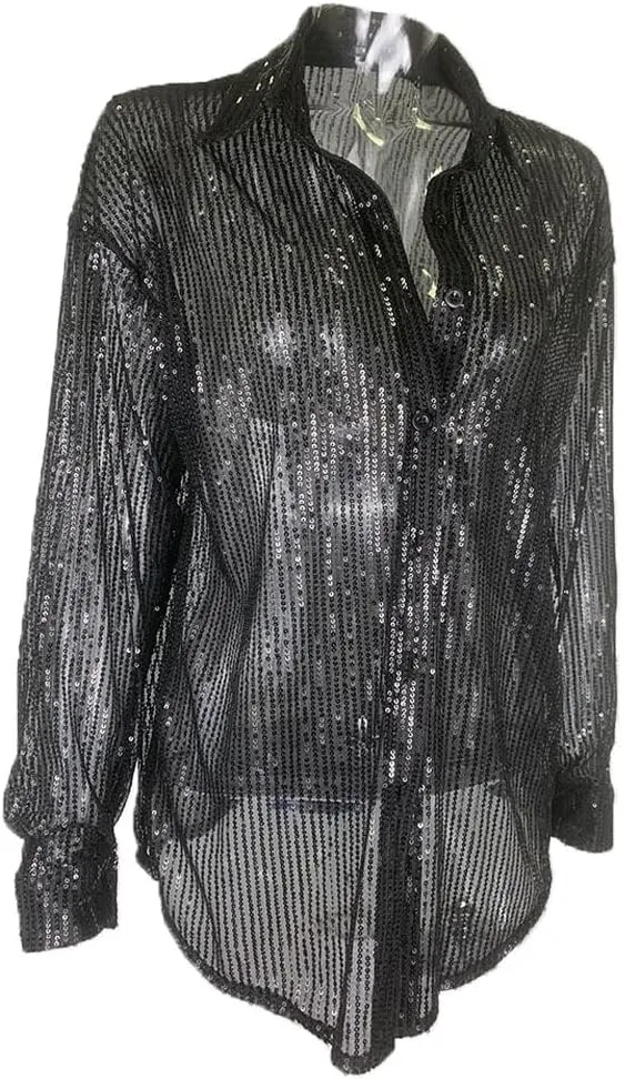 Womens Sequins Long Sleeve Collared Shirt Button Down Open Front Shirt Loose Blouses Shirts Tops
