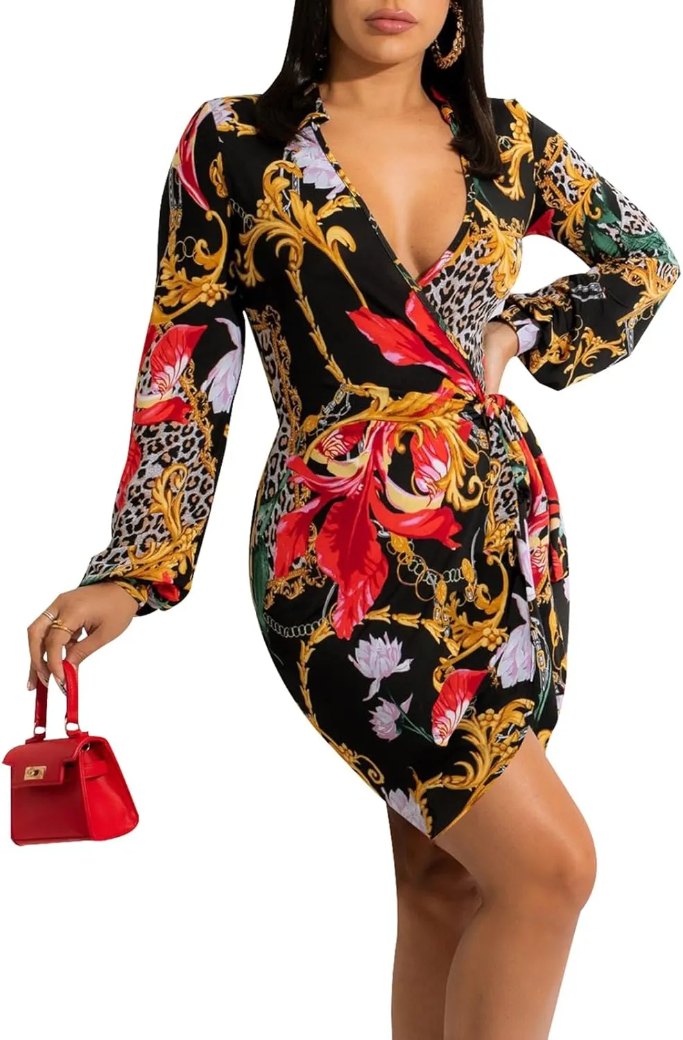 Women's Sexy Faux Wrap V Neck Collar Long Sleeve Mini Shirt Dress Casual Loose Blouses