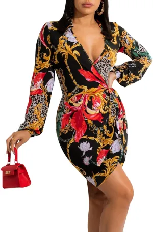 Women's Sexy Faux Wrap V Neck Collar Long Sleeve Mini Shirt Dress Casual Loose Blouses