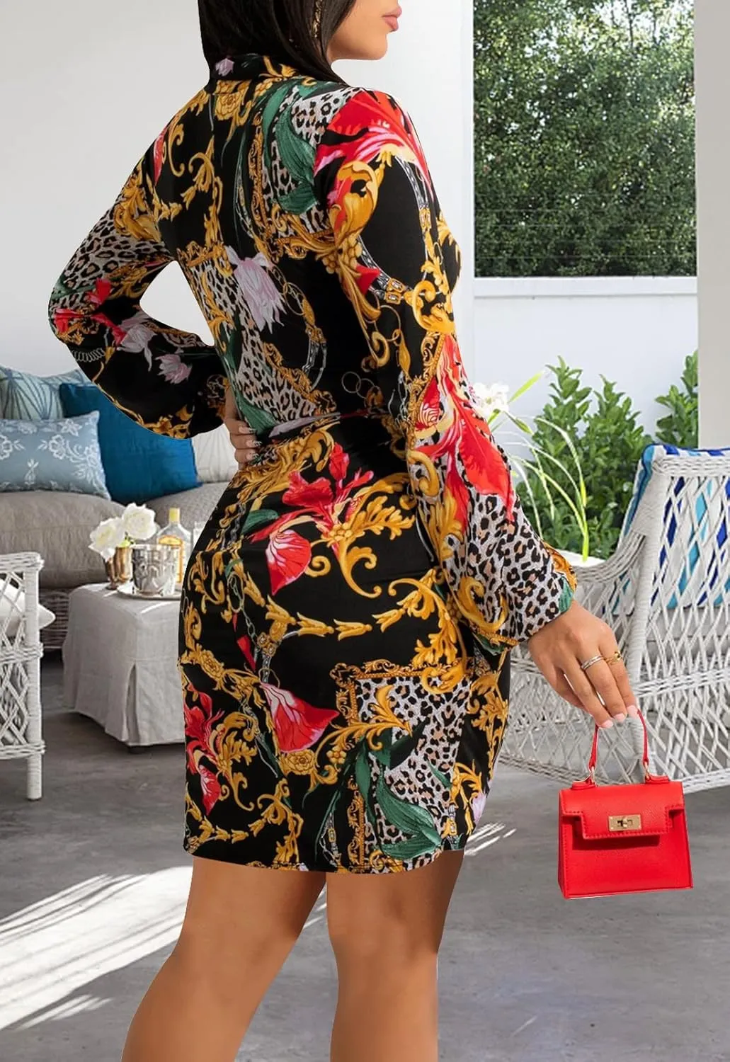 Women's Sexy Faux Wrap V Neck Collar Long Sleeve Mini Shirt Dress Casual Loose Blouses