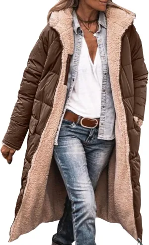 Womens Sherpa Fleece Lined Long Jackets Shearling Reversible Overcoats Winter Puffer Coats Hood Zip Outerwears