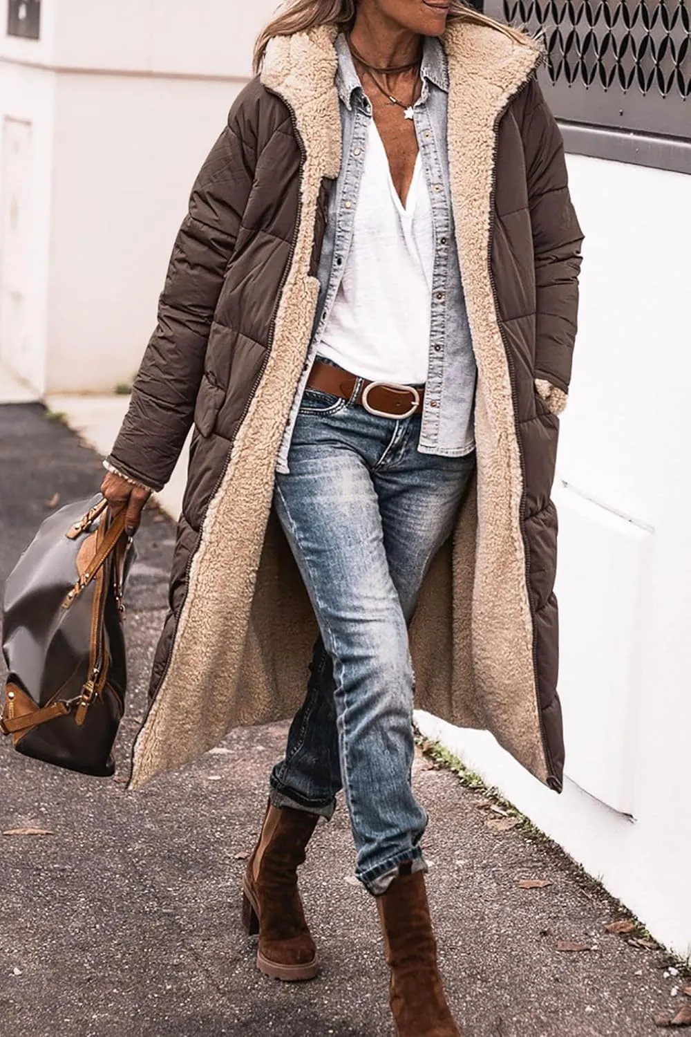 Womens Sherpa Fleece Lined Long Jackets Shearling Reversible Overcoats Winter Puffer Coats Hood Zip Outerwears