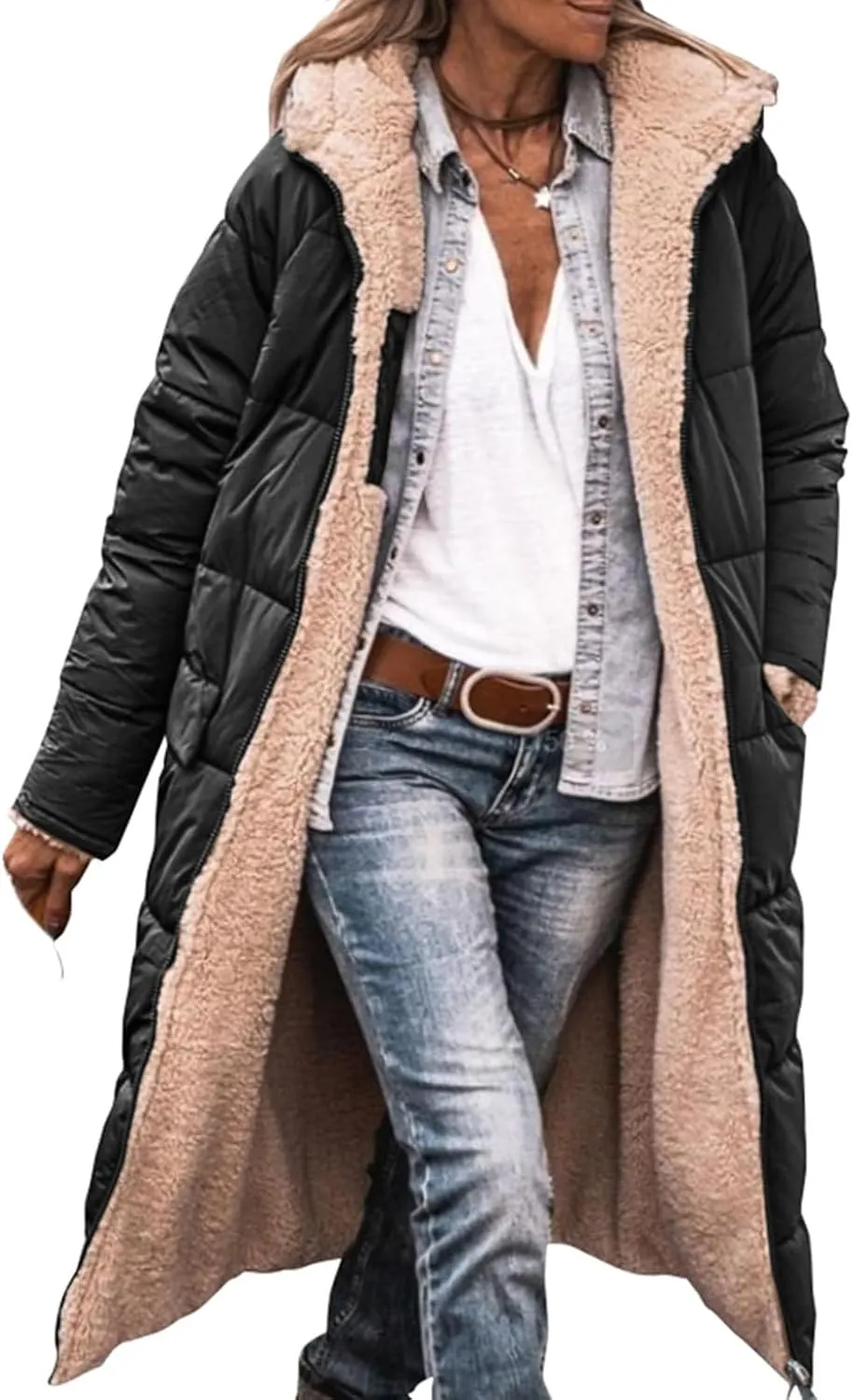 Womens Sherpa Fleece Lined Long Jackets Shearling Reversible Overcoats Winter Puffer Coats Hood Zip Outerwears