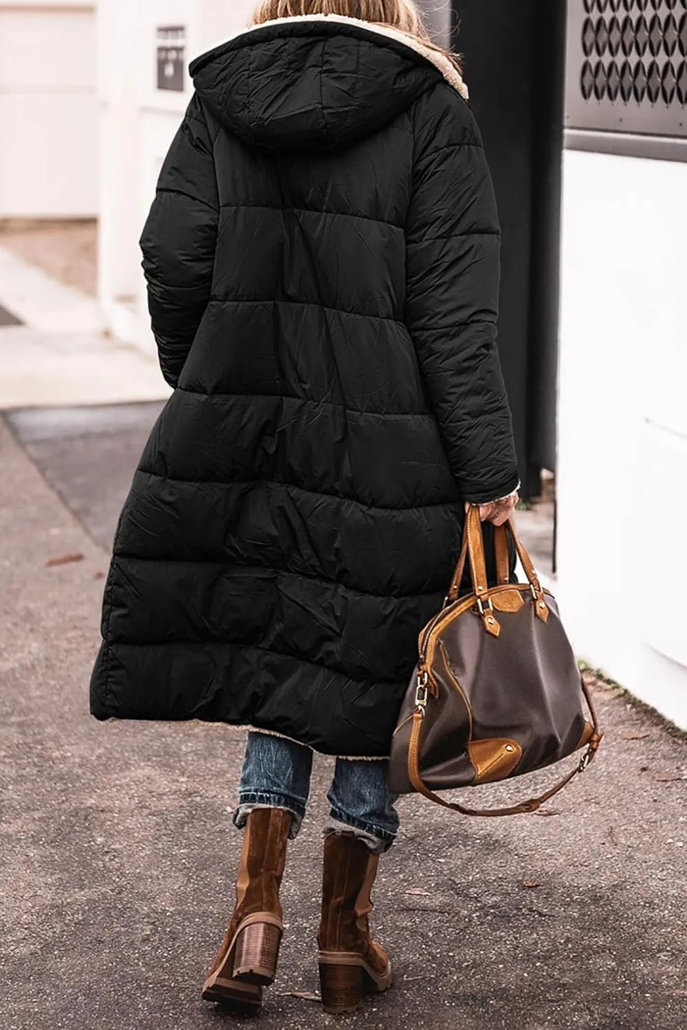 Womens Sherpa Fleece Lined Long Jackets Shearling Reversible Overcoats Winter Puffer Coats Hood Zip Outerwears