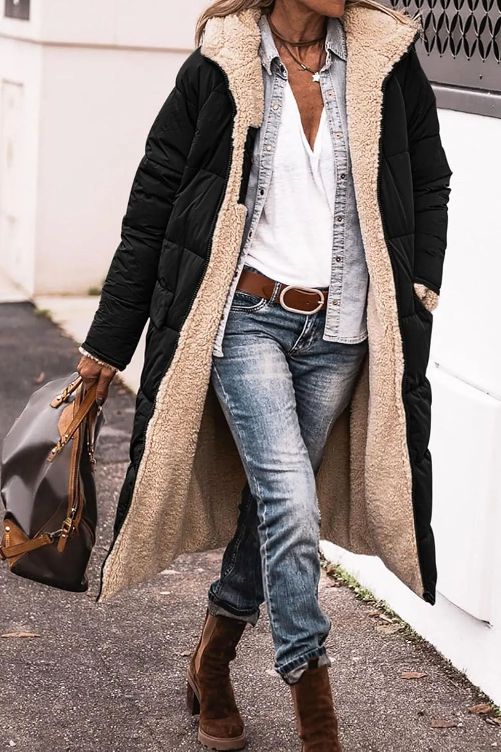 Womens Sherpa Fleece Lined Long Jackets Shearling Reversible Overcoats Winter Puffer Coats Hood Zip Outerwears