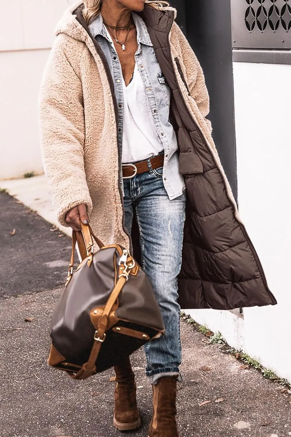 Womens Sherpa Fleece Lined Long Jackets Shearling Reversible Overcoats Winter Puffer Coats Hood Zip Outerwears