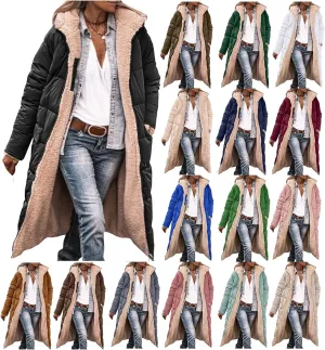 Womens Sherpa Fleece Lined Long Jackets Shearling Reversible Overcoats Winter Puffer Coats Hood Zip Outerwears