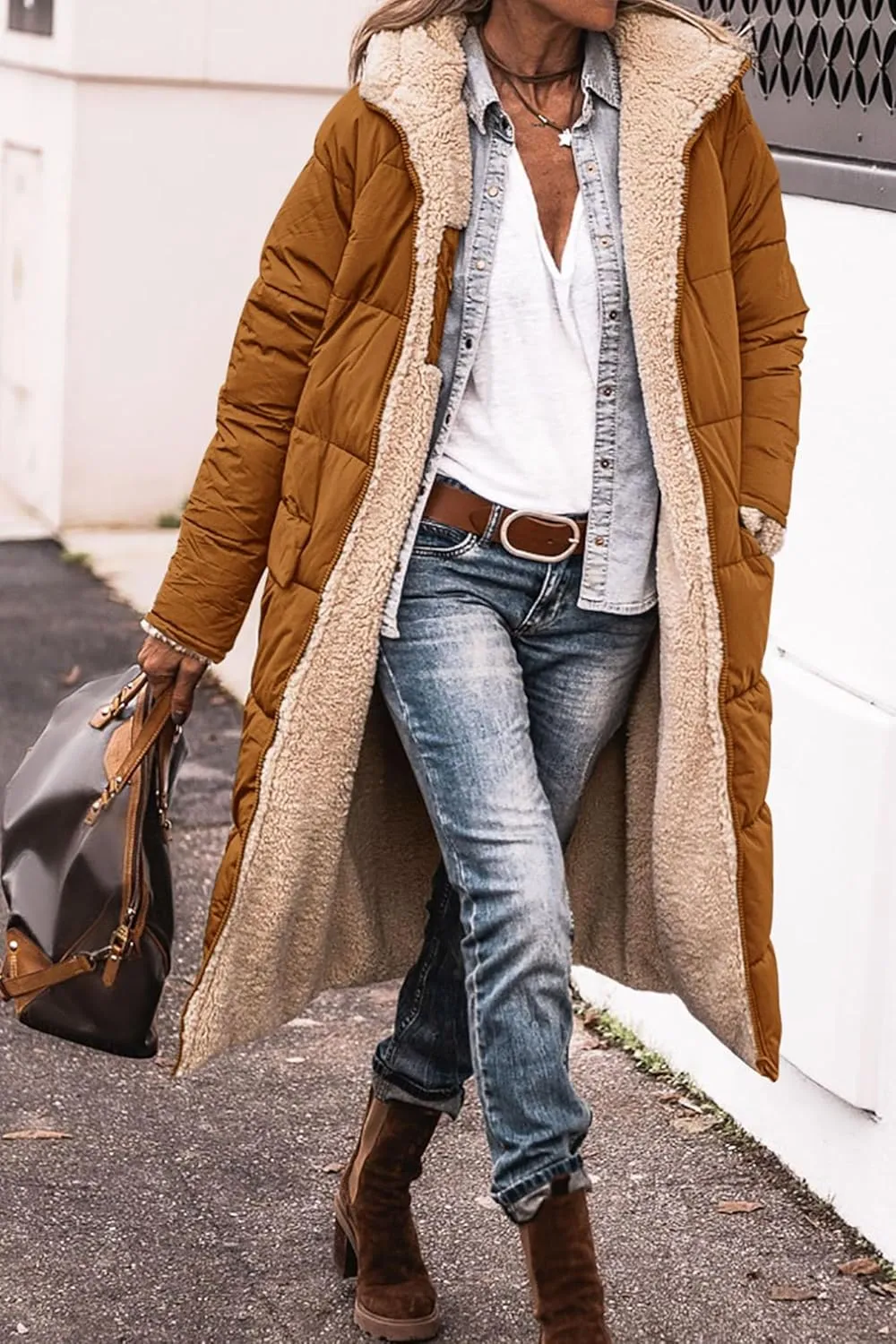 Womens Sherpa Fleece Lined Long Jackets Shearling Reversible Overcoats Winter Puffer Coats Hood Zip Outerwears
