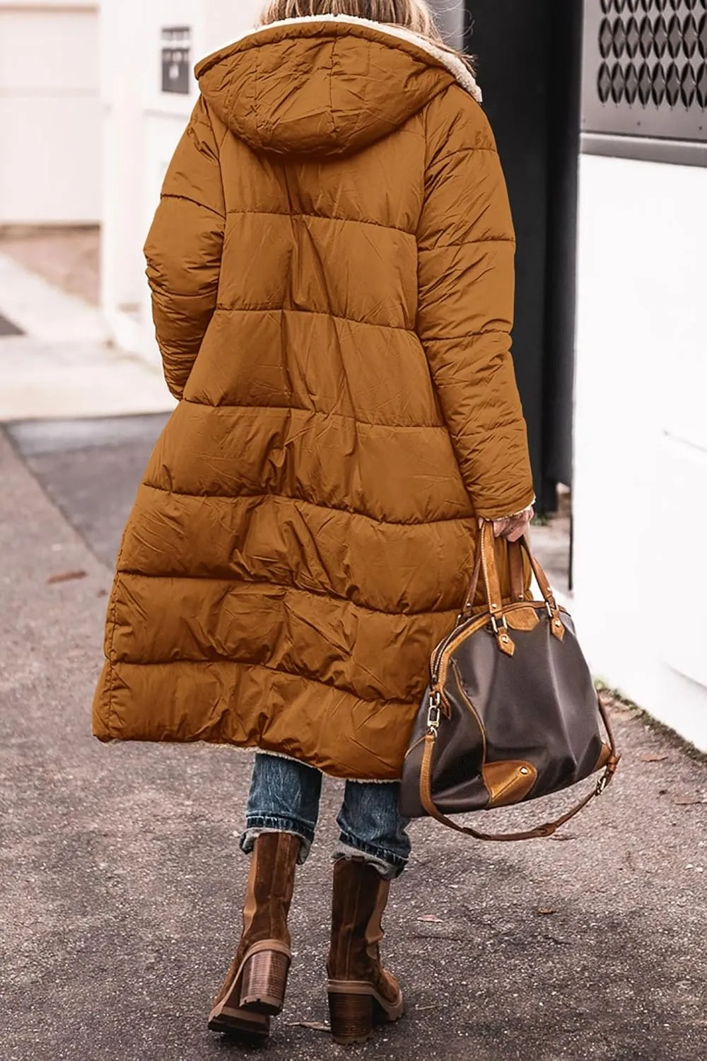 Womens Sherpa Fleece Lined Long Jackets Shearling Reversible Overcoats Winter Puffer Coats Hood Zip Outerwears